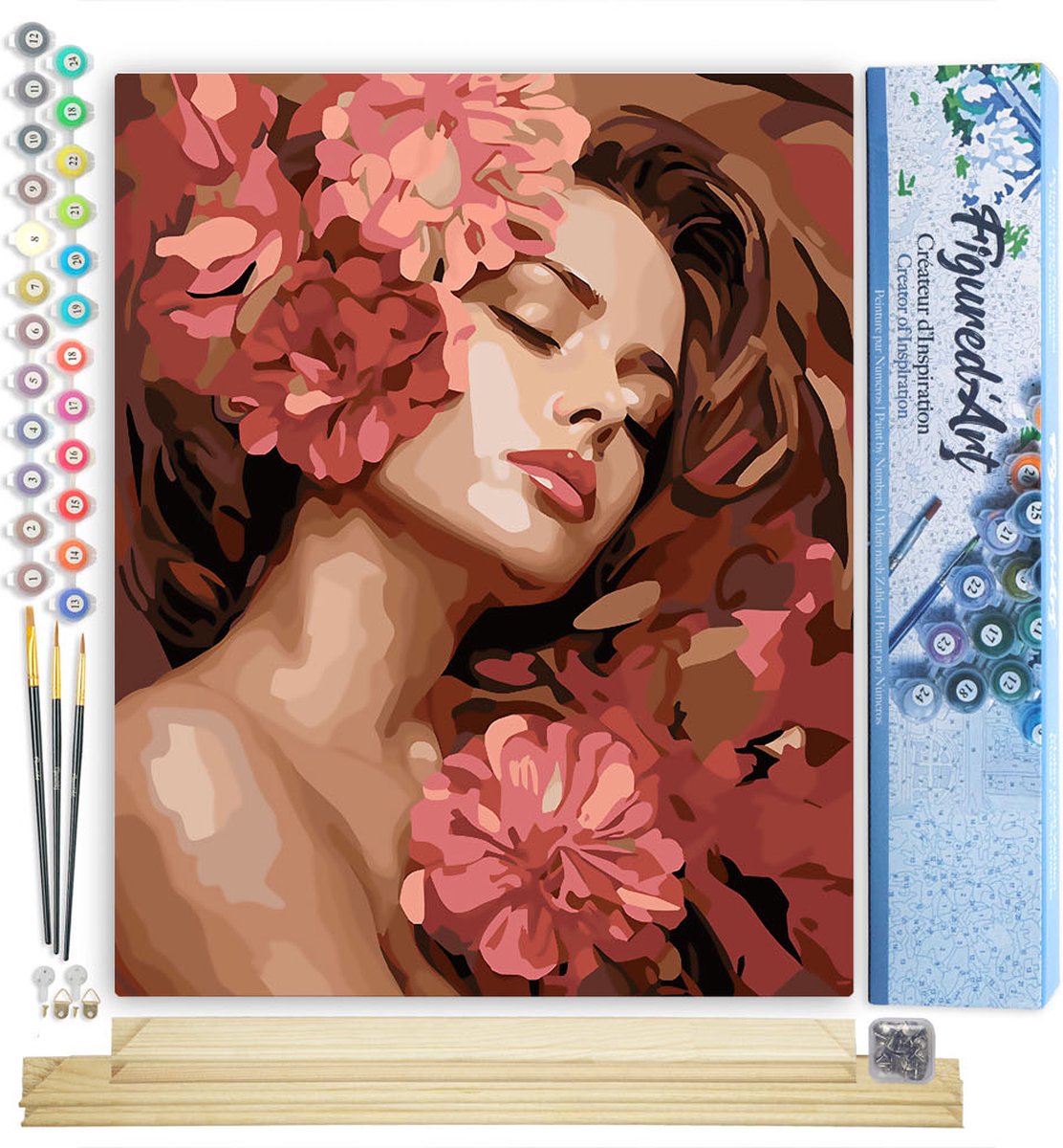 FiguredArt Schilderen op Nummer Volwassenen canvas Camelias Slapende Schoonheid - Handwerk acrylverf Kit DIY Compleet - 40x50cm met DIY houten lijst